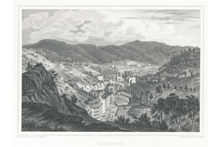 Karlovy Vary od Belvedere, Lange, oceloryt, 1842
