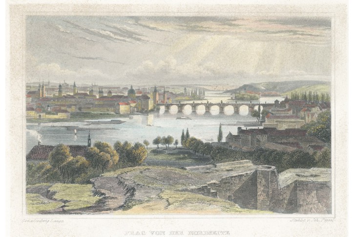 Praha od severu, Lange, kolor. oceloryt, 1841