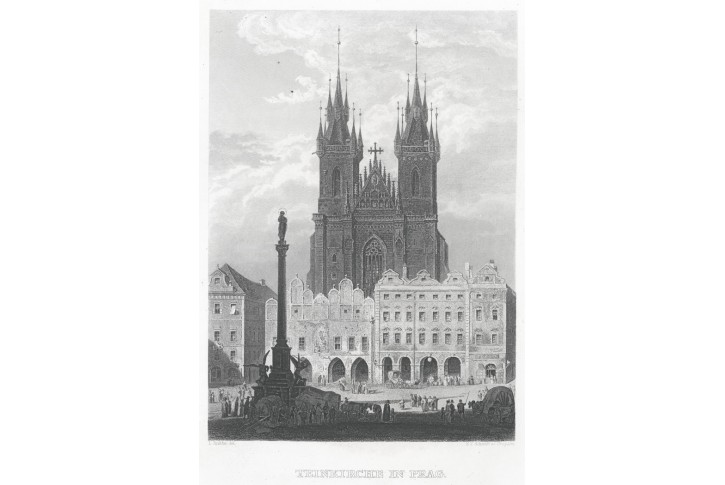 Praha Týnský chrám, Herloss, oceloryt, 1841