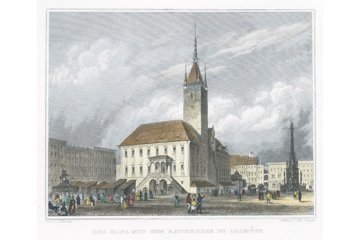 Olomouc – Radnice, Lange, kolor. oceloryt, 1848