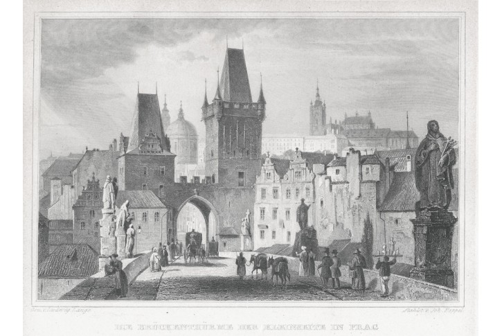 Praha Malostranská mostecká, Lange, oceloryt, 1841