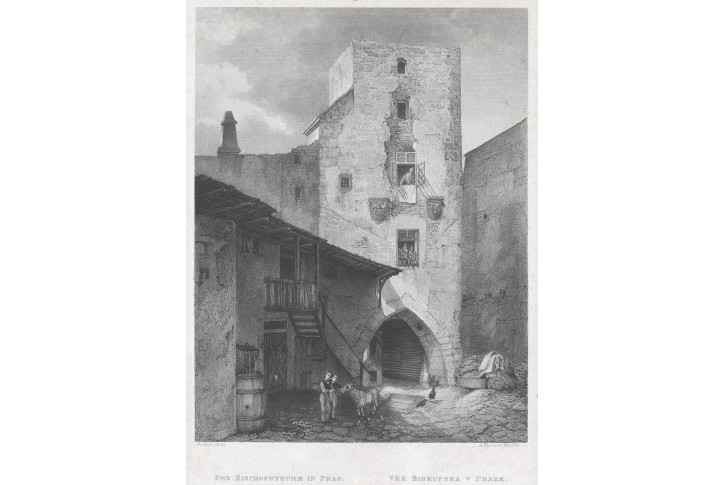 Praha Biskupská věž , Mikovec,oceloryt , 1860