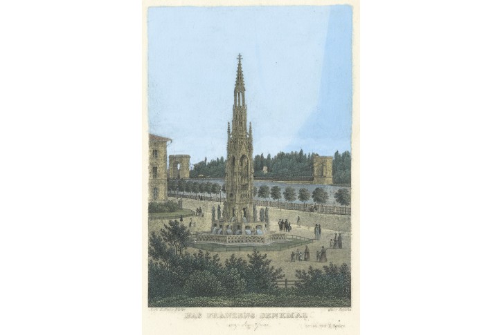 Praha pomník Františka I., kolor. oceloryt, (1850)