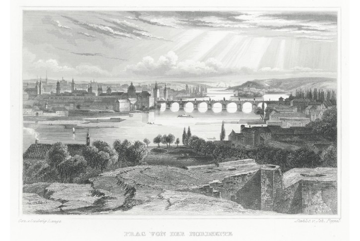 Praha od severu, Lange, oceloryt, 1841