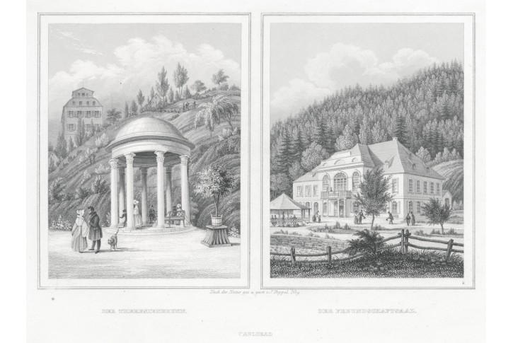 Karlovy Vary Theresienbrunn, oceloryt, 1842