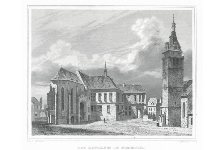 Chomutov radnice , Lange, oceloryt, 1842