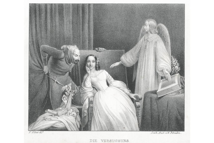 Pokušení anděl ďábel,  litografie, 1840