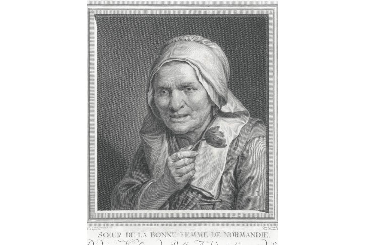 Stařena s tulipánem,  Wille, mědiryt, 1774