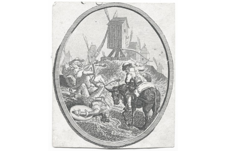 Don Quijote bojuje s mlýny,  mědiryt, 1840