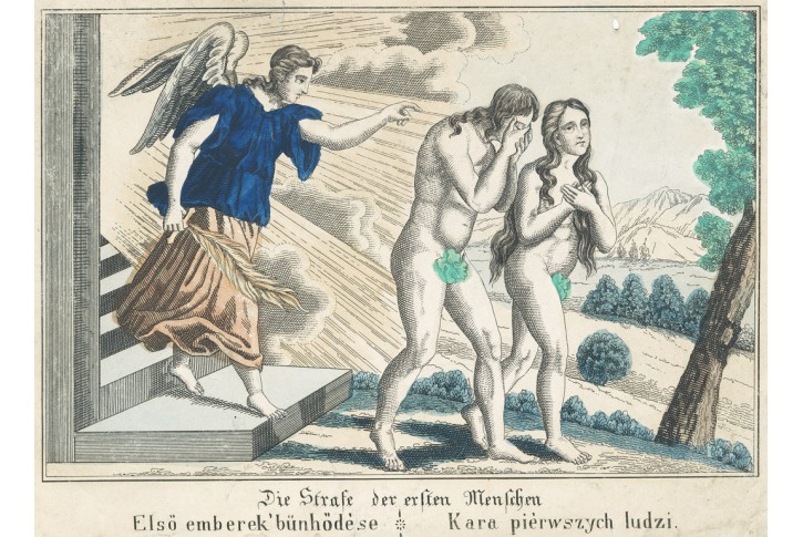 Adam a Eva vyhnání z ráje, kolor. mědiryt, (1820)