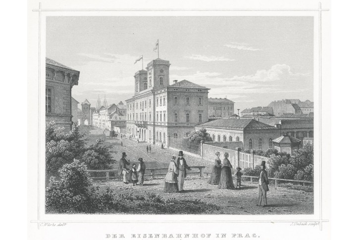 Praha nádraží, Lange, oceloryt, (1860)