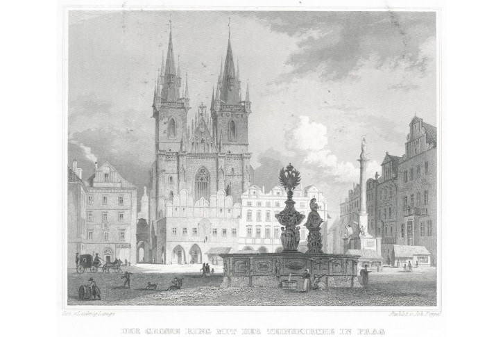 Praha Týnský chrám, Lange, oceloryt, 1841