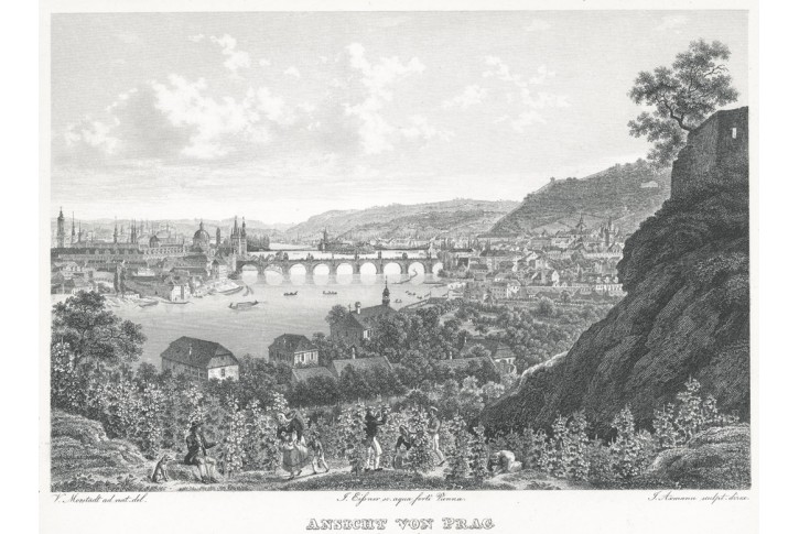 Praha z Letné, Morstadt, oceloryt, (1850)