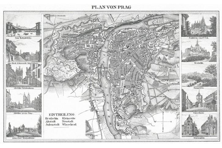 Praha plán, oceloryt, (1850)