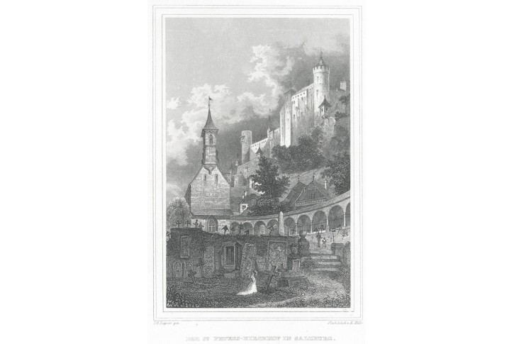 Salzburg hřbitov, Lange, oceloryt, 1840