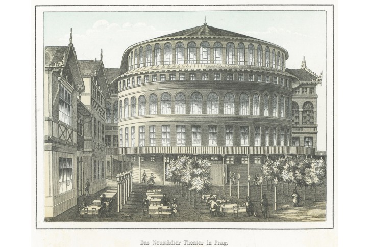 Praha Novoměstské divadlo, xylografie, 1885