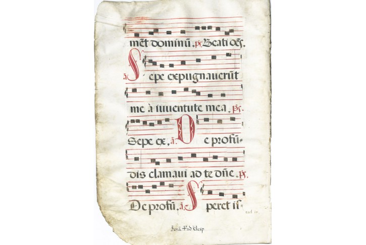 List z chor&aacute;ln&iacute; knihy na pergamenu, 16 stol.