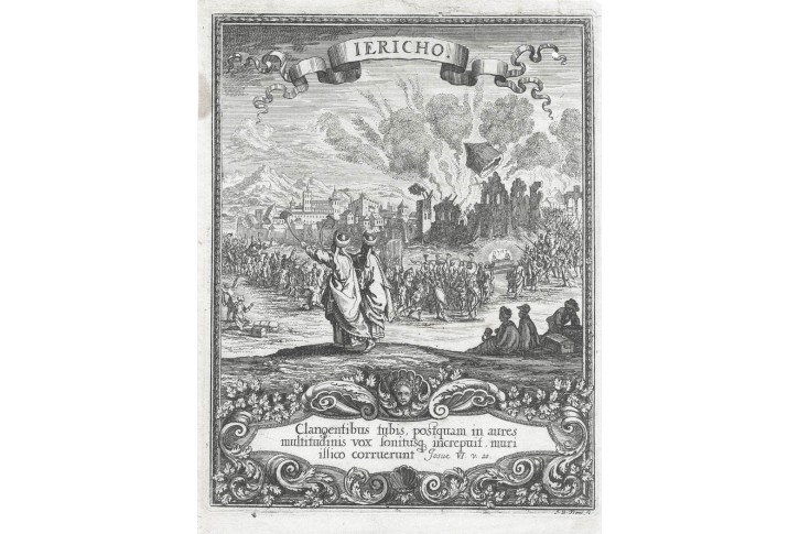 Jericho zničen&iacute;, J. U. Kraus, mědiryt, (1750)