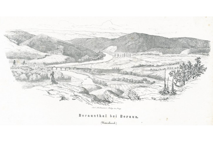 Berounka &uacute;dol&iacute; u Berouna, Wenzig, litografie, 1857