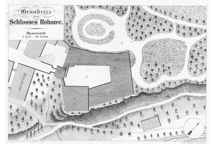 Hrub&yacute; Rohozec půdorys, Heber, litografie, 1845