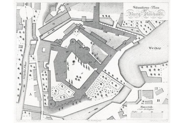 Jindřichův Hradec půdorys, Heber, litografie, 1846