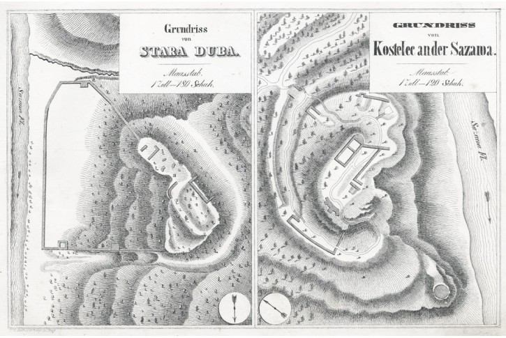 Stara Dub&aacute; , Zbořen&yacute; kostelec, litografie, 1843