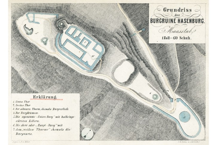 Hasenburg půdorys, Heber, litografie, 1843