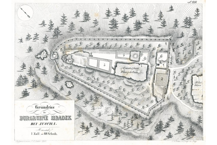 Hr&aacute;dek u &Uacute;stěka půdorys, Heber, litografie, 1848