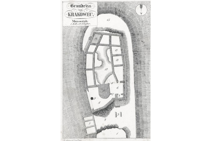 Krakovec půdorys, Heber, litografie, 1849