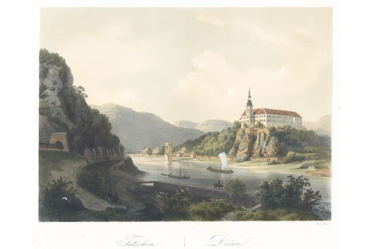 Děč&iacute;n, Haun, kolorovan&aacute; litografie, 1860