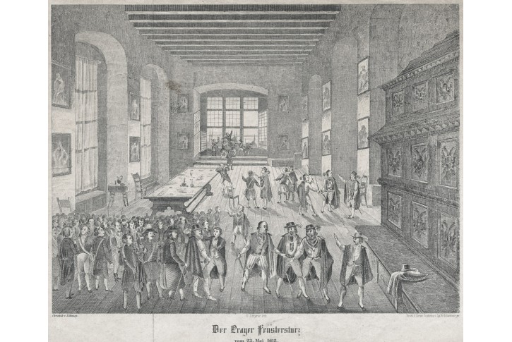 Praha defenestrace 1618,  litografie, 1852