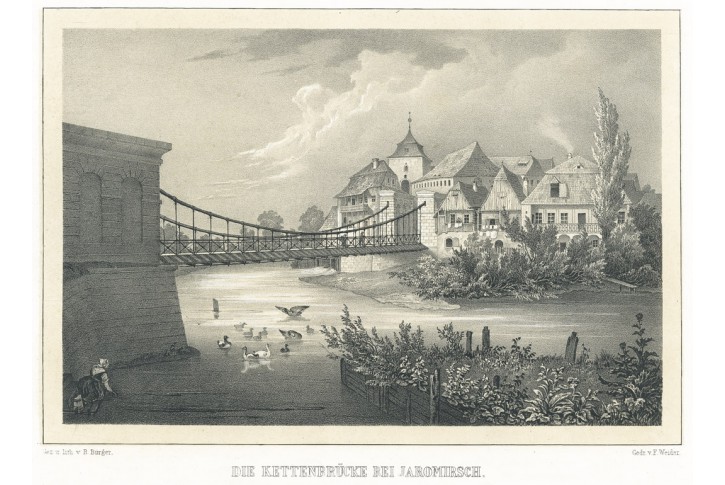 Jaroměř řetězov&yacute; most, Semmler, litografie, 1845
