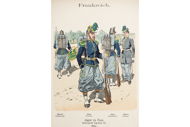 Francie, vojáci 1857, kolor. litografie, 1890