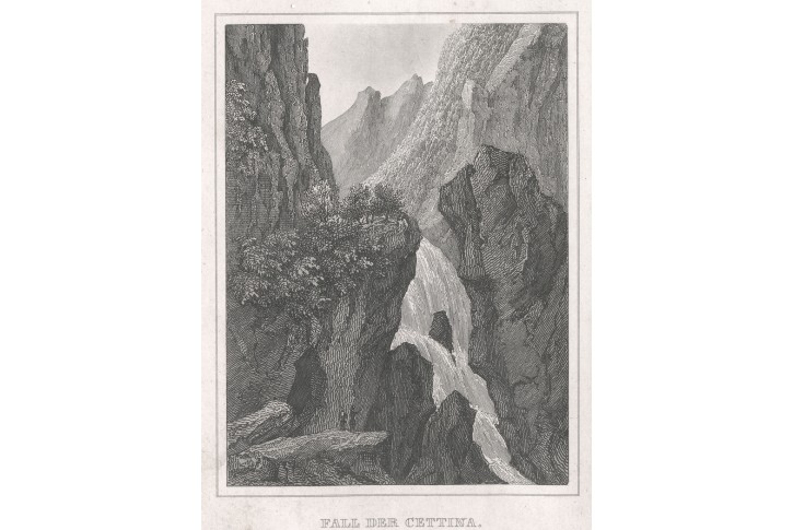 Cettina vodopád Dalmácie, Schmidl, oceloryt, 1842