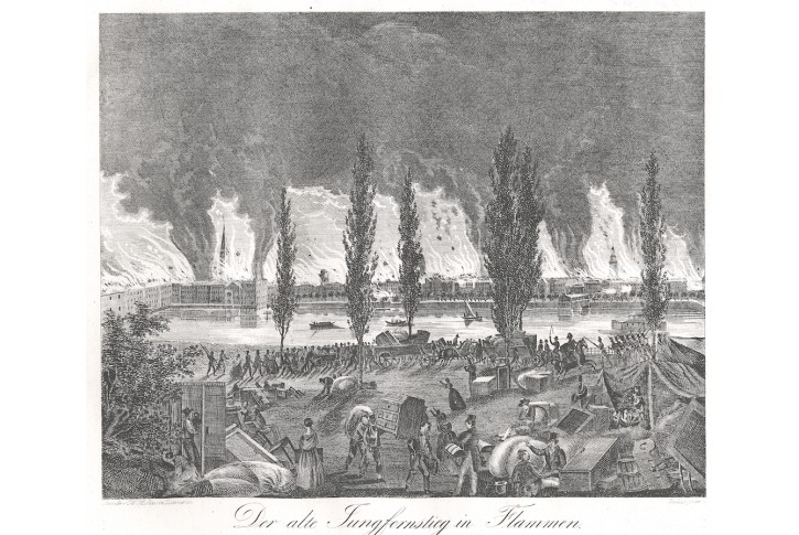 Jungferstieg požár Hamburg, Medau, litografie, 1842