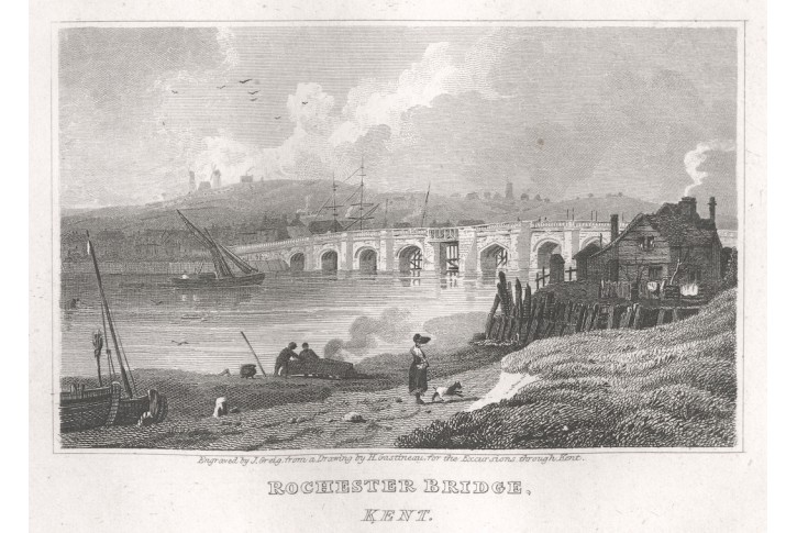 Rochester Bridge Kent, oceloryt, 1820