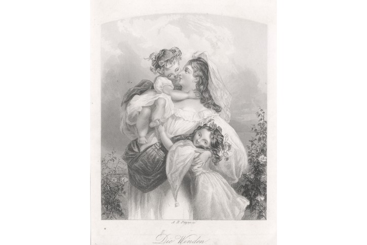 Matka s dětmi, Payne, oceloryt, (1860)