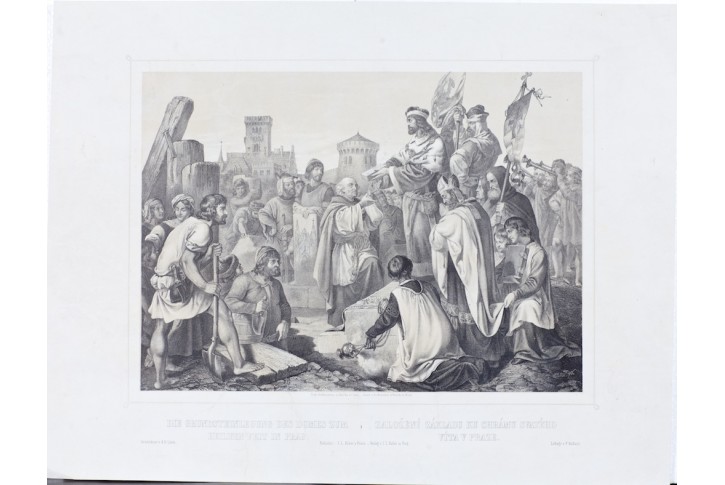 Praha základní kámen sv. Víta, litografie, (1850)
