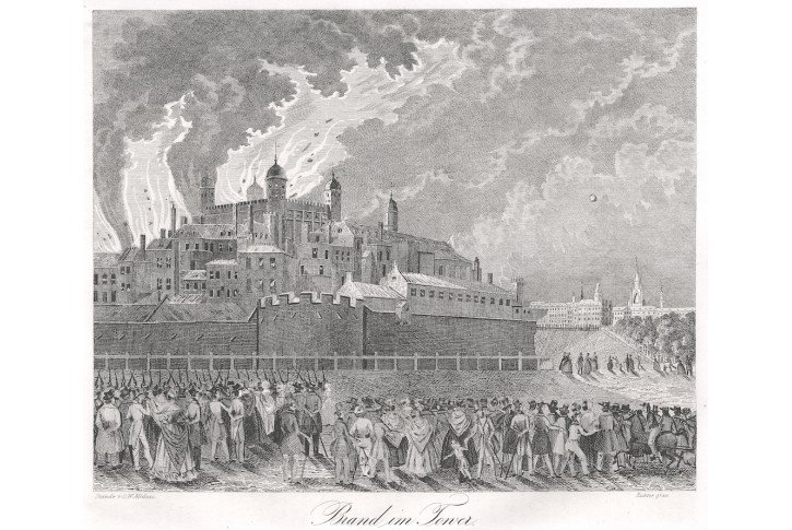 London Tower požár, Medau, litografie, (1850)