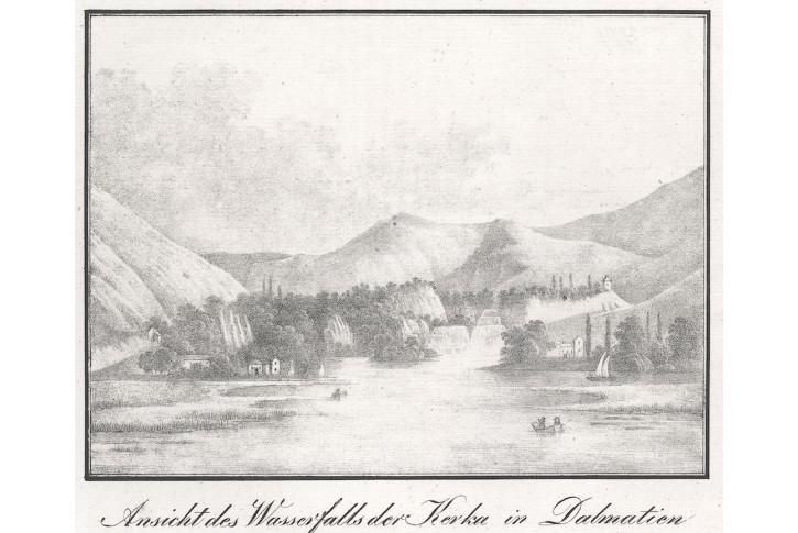 Kerka vodopád Dalmácie, litografie, Medau, 1827