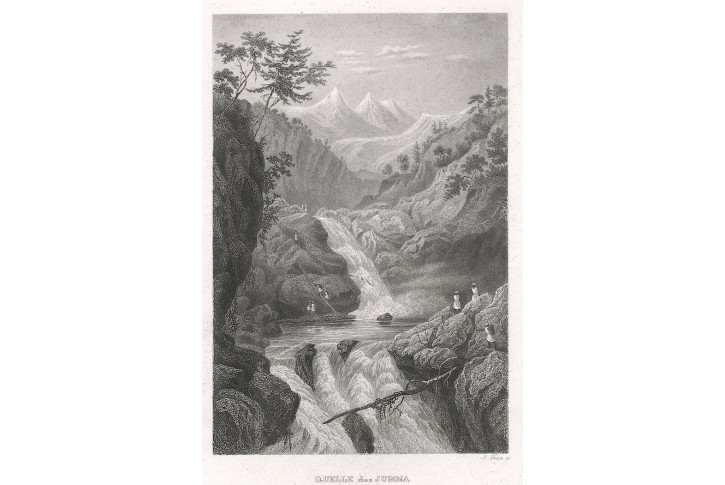 Jumna pramen Indie , Meyer, oceloryt, 1850